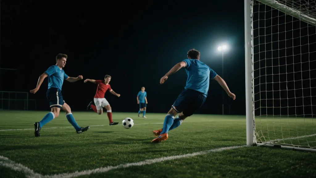 中场组织者与边锋配合后送出倒三角传球，前锋包抄射门的动态场景