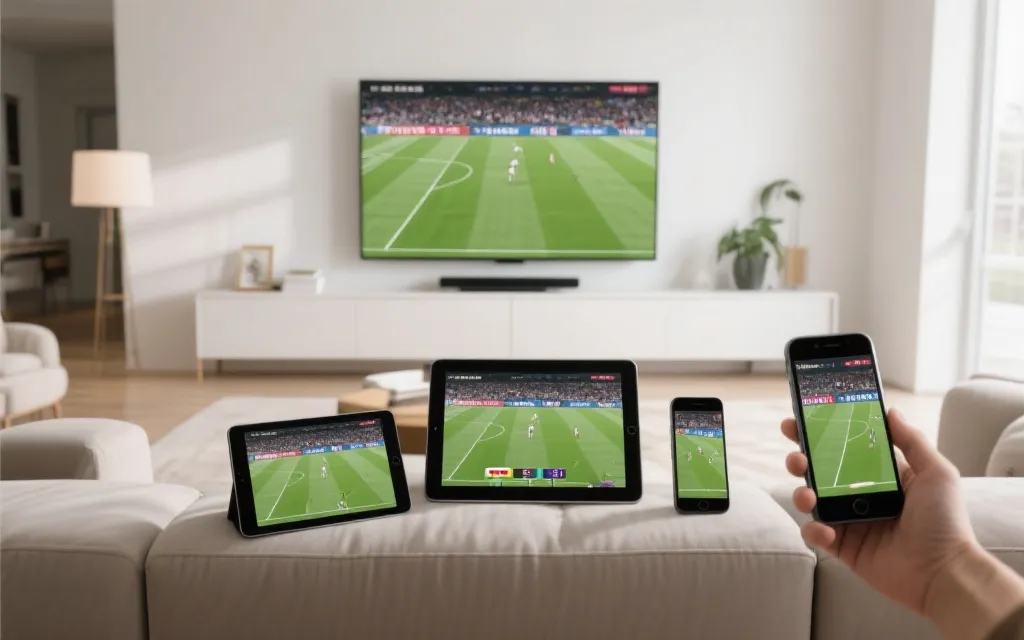 多设备观赛：电视、平板与手机同时显示比赛画面的视觉