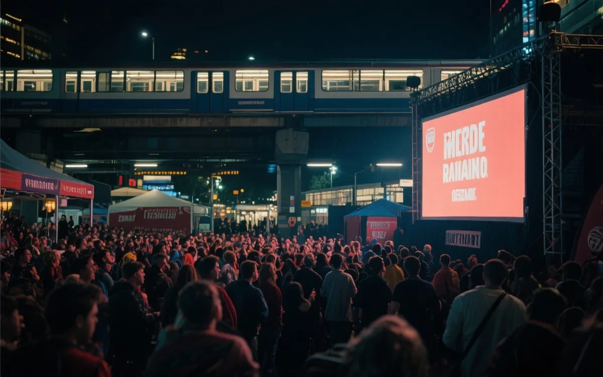 世界杯期间球迷专区夜景与城市公共交通疏散动线