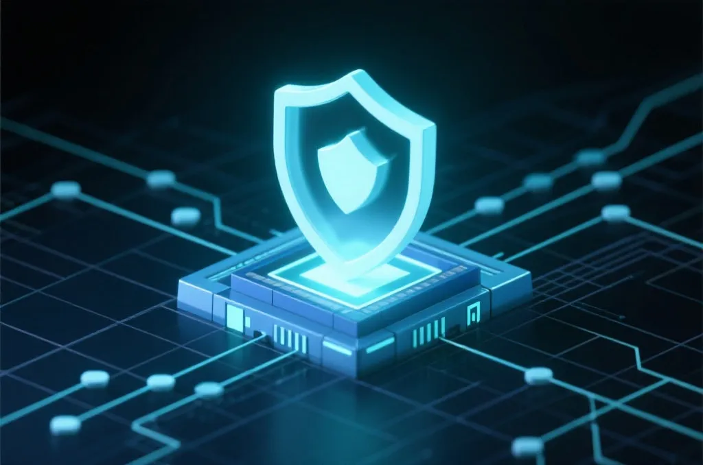 An abstract digital security gateway illustration with a glowing protective shield over a tech network