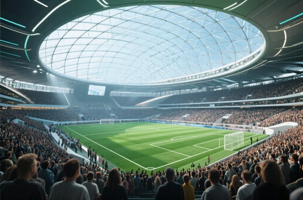 A modern futuristic football stadium concept with a massive crowd and vibrant green pitch under a glass dome roof