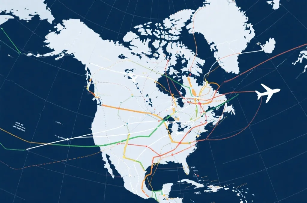 An abstract analytical map of North America showing interconnected flight paths and transit routes, clean infographic style